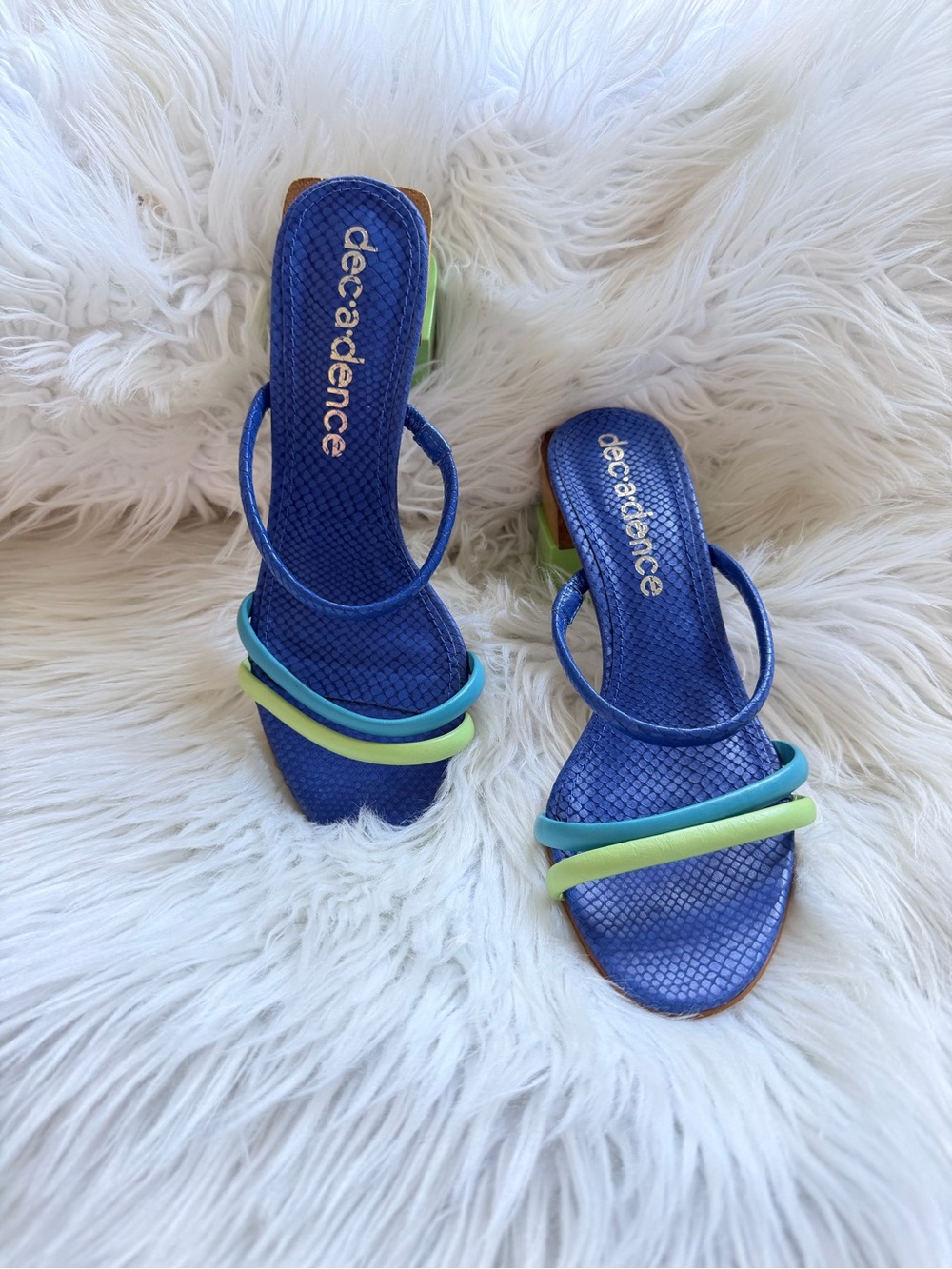 Decadence Blue Green Strappy Block Heel Sandals Size 8 Brazil Statement Heels
